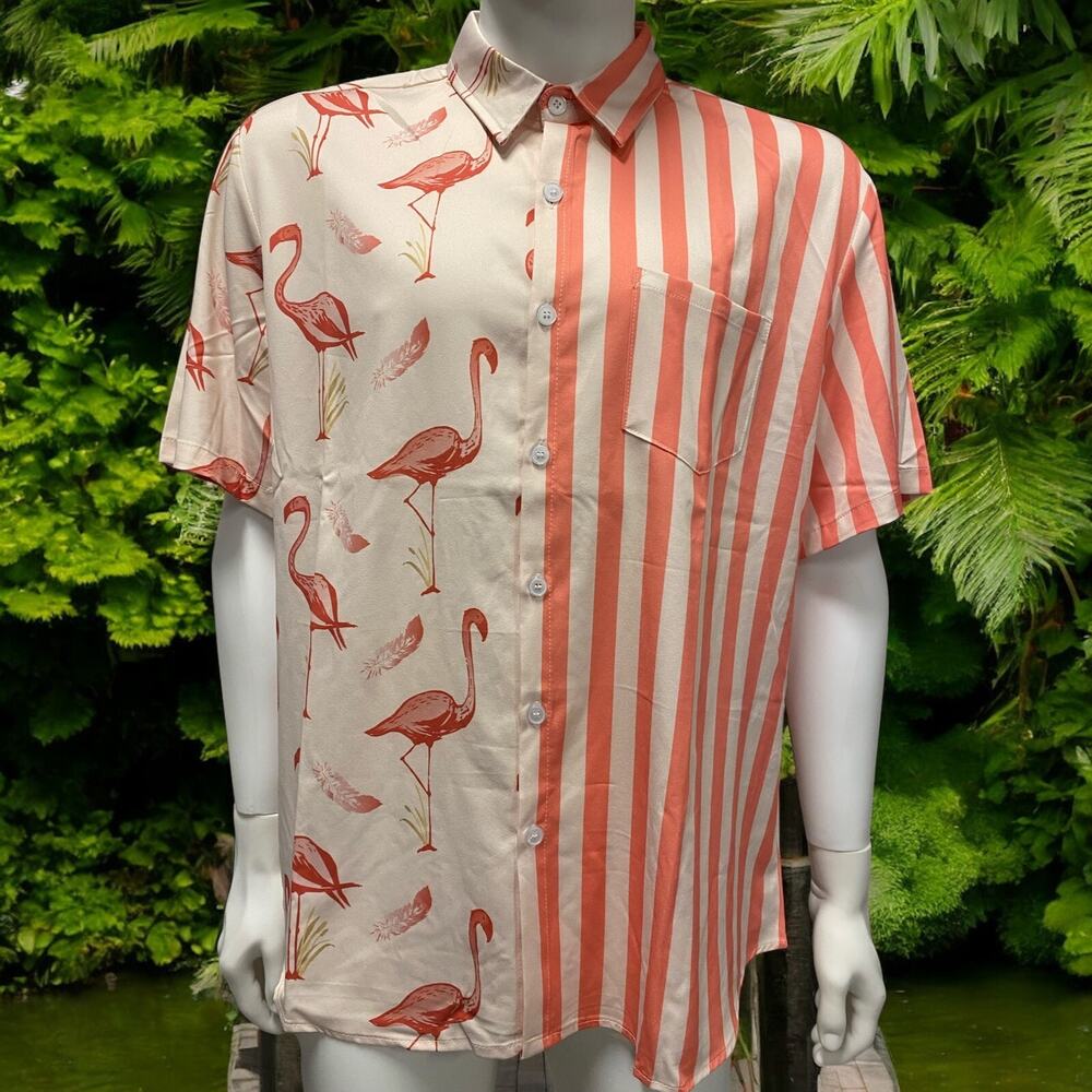 Atlanl Men’s Flamingo Stripe Button Up Short Sleeve Shirt Size XL New